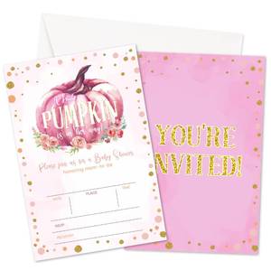 lot 2199 image: HMJKL Fall Pumpkin Baby Shower Invitations, A Little Pumpkin Is On The Way - Gender Reveal Invites With Envelopes For Girls, Thanksgiving Party Decorations Supplies, 25 Pack (02)