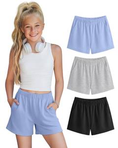 lot 2208 image: Halfchet 3 Pack Girlsft Sweat Shorts Casual Athletic Sweatpants with Pockets Elastic Waistband for Kids 5-16 Years Summer(Light Blue, Gray, Black,13-14 Years)