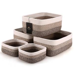 lot 2254 image: VIRETH HAUS 5-Pack Small Woven Rope Storage Baskets � 2 Sizes Organizer Bins for Closet, Shelf, Bookshelf, Nursery, Changing Table, Fabric Cube Boxes, Rectangular Shallow Bins for Bathroom, Toy and Home