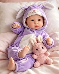 lot 3032 image: Aori Real Baby Dolls - 17 Inch Realistic Baby Doll with Soft Body and Purple Bunny Outfits for Girls 3 Pretend Play, Dress Up, Nursery Decor