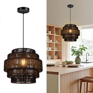 lot 3041 image: AUQUEE 5-Tier Ratten Pendant Light, 13in Paper Rope Hand-Woven Chandelier, Black Adjustable Modern Farmhouse Hanging Ceiling Light Fixture for Kitchen IslandDining RoomBedroomFoyer,No Bulb, Black
