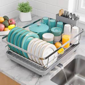 lot 3048 image: Sakugi Dish Drying Rack - Stainless Steel Dish Rack with Drainboard for Kitchen Counter and Sink, 15.6in D x 12in W x 5in H, Sliver
