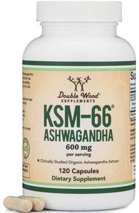 lot 4279 image: Double Wood Supplements Ashwagandha KSM 66 Organic and Clinically Studied Extract (600mg Per Serving, 120 Capsules, 60 Servings) Adaptogen Cortisol Manager for Women and Men