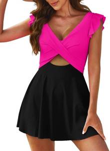 lot 4306 image: Aleumdr Women Ruffle Cutout One Piece Skirt Swimsuit V Neck Wrap Swimdress Tummy Control Bathing Suit Black Pink XX-Large