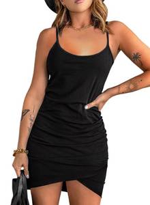 lot 4323 image: Acelitt Summer Dresses for Women 2025 Casual Spaghetti Strap Wrap Mini Dress Beach Sundress Black X-Large