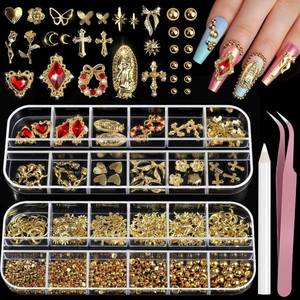 lot 4340 image: Chunmeng 2 Boxes 3D Gold Nail Charms Set � Vintage Cross and Virgin Mary Red Rhinestone Heart Butterfly Studs Gothic Baroque Nail Jewels with Tweezers for Acrylic Nails DIY Manicure