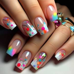lot 4360 image: Multicolor Ombre Press on Nails Medium Square QUNQINLI White Fake Nails Nude False Nails Press ons with Polka Dots Design Nail Art Tips Full Cover Artificial Glue on Nails for Women 24 Pcs