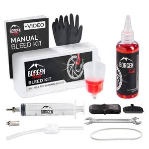 lot 4368 image: Borgen Brake Bleeding Kit for Shimano Hydraulic Bike Disc Brakes - Bike Bleed Kit with 100 ml (3.4oz) Hydraulic System Shimano Mineral Oil - Instructions and Video  Gloves and Bleed Block Included
