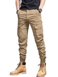 lot 4369 image: Charfille Menfts Casual Cargo Pants Tapered Loose Fit Cuffed Joggers Sweatpants Drawstring Tactical Pants with Multi Pockets (1-Khaki, L)