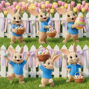 lot 4383 image: Binkahui 6 PCS Easter Bunny Yard Signs Decorations, Weatherproof Easter Decorations with Stakes,Durable Lawn Signs Outdoor for Garden, Spring Outdoor Home Decor (blue coat-khaki bunny)
