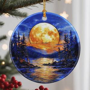 lot 4385 image: Christmas Ornaments, 2.8 Inch Ceramic Hanging Ornament, Christmas Tree Ornaments, Xmas Decorations, Holiday Decorations, Holiday Party Gifts, and Xmas Gift Ideas - Full Moon Over Forest Lake