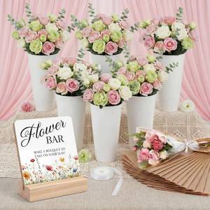lot 5786 image: LemonRoad 58 Pcs Flower Bar Bucket Set Kit Include Clear Kraft Flower Bouquet Gift Bags Wrapping Sleeve, Plastic Flowers Buckets Floral Sign Ribbon for Bar Supplies Wedding Bridal Shower Table Decor