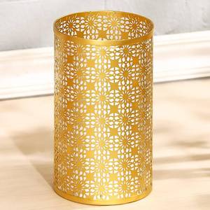 lot 5790 image: MOCOME Small Gold Trash Can, Decorative Floral Waste Basket with Perforated Design, Elegant Gold Garbage Can for Bathroom, Bedroom, Office and Kitchen, 7in W X 7in L X 12in H
