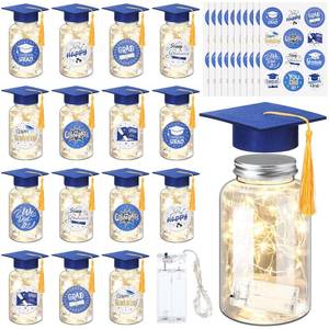 lot 5793 image: Boao 16 Sets Graduation Table Decoration Set with LED Light up Graduation Decorations for Class of 2026, Grad Jar, Felt Grad Hat and Stickers for High School College(Blue,Vivid)