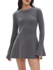 lot 5798 image: TVUHI Women Spring Fall Winter Casual Sweater Dress Crew Neck Mini A-Line Knit Flare Sleeve Pullover Sweaters Dresses(Grey,L)