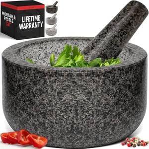 lot 5806 image: Priority Chef Heavy Duty Large 4 Cup Mortar and Pestle Set, 100percent Natural Granite, 7 Inch Diameter Bowl, 7.2 Inch Pestle, Non-Slip Base, Stone Grinder for Guacamole Salsa Pesto Herbs Spices, Black