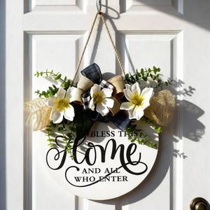 lot 5830 image: Kathfly Bless This Home and All Who Enter Wooden Front Door Sign Welcome Sign for Front Door Magnolia Summer Wreath 12 Inch Christian Home Decor Jesus Round Rustic Wall Hanging Decor for All Season