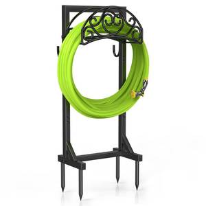 lot 5833 image: Patiobay Freestanding Garden Hose Stand, Heavy Duty Water Hose Holder with Tool Hooks, 4 Anchoring Spikes, 150 ft Storage for Yard and Lawn