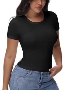 lot 6217 image: EasyFair Womens T Shirts Basic Short Sleeve Crew Neck Slim Fit Tees Summer Workout Casual Bodycon Tops 2025 Black size L