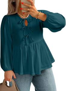 lot 6224 image: AlvaQ Plus Size Winter Clothing for Women BlousesTie Front Tops Puff Sleeve Crewneck Hollow Out Flowy Ruffle Hem Blouse Shirt,Turquoise 4XL