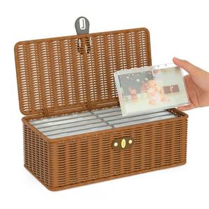 lot 9211 image: Decorative Photo Storage Box, Inner 12 Plastic Photo Case Hand Crafted Photo Organizer, Vintage Rattan Look Storage Container for 4x6 Photos, Keepsake Box for Pictures Stickers Postcards Scrapbooking