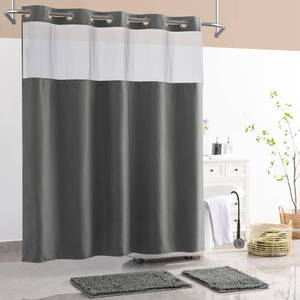 lot 9212 image: Barossa Design No Hook Shower Curtain Set with Rugs - 2 Pcs Bathroom Rugs and Shower Curtain Sets with Snap-in Liner, Hotel Style Bathroom Accessories, Grey
