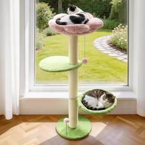 lot 9235 image: 2 Ways Cat Window Perch, Flower Window Perch for Cats Inside with Hammock and Jumping Paltform, Cats Window Bed with Tall Sisal Scratching Post, Cat Hammock for Windows with 2 Strengthened Suction Cups
