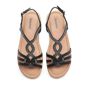 lot 9237 image: Saidoteto Womenfts Wide Flat Sandals,Casual Open Toe Strappy Slip-on Summer Dressy Platform Sandals with Sparkling Rhinestones. Size 9 Black WSD240809-02