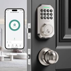 lot 9259 image: VCHOO Keyless Entry Door Lock with Handle App Control Door Locks for Front Door Anti-Peeping Password Smart Door Lock for Homes Hotel Bedroom Doors with 2 Door Knobs Satin Nickel