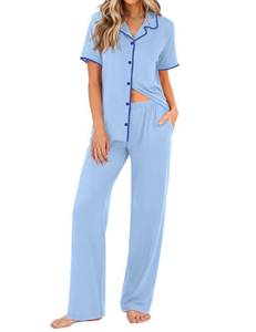 lot 10155 image: Ekouaer Womenfts Pajama Sets Button Down Loungewear Short Sleeve Sleepwear 2 Piece Pants Pjs Set with Pockets Baby Blue XL