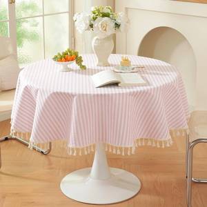 lot 10161 image: meioro Striped Round Tablecloth, Cotton Blend Fabric Pink Circle Table Cloth with Tassel, Washable Wrinkle Free Table Cover Cute Small Tablecloths for Card Coffee Tables Home Party - Round 60 Inch
