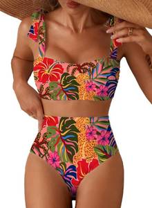 lot 10168 image: Herseas Womens Bikini Sets Two Piece Full Coverage Swimsuits Shoulder Strap Knot Padded High Rise Tummy Control Bathing Suits Teens Beach Vacation Clothes Tropical Animal Print Medium