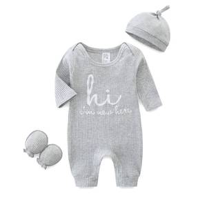 lot 10175 image: Newborn Boy Clothes 0-3 Months Baby Boy Coming Home Outfit Letter Print Romper Grey Snap-up New Born Clothing Onesie Gender Neutral Baby Clothes