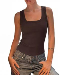 lot 10177 image: SUUKSESS Womens Padded Cotton Ribbed Tank Tops Square Neck Racerback Basic Tops (Dark Brown, M)