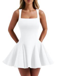 lot 10188 image: DAAWENXI Womenfts Sexy Sleeveless Square Neck Mini Dress Bodycon Party Club Tank Short Dresses White