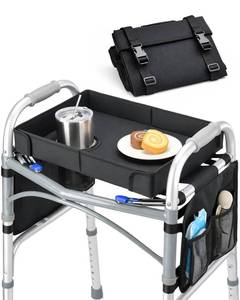 lot 10207 image: FANGSUN Walker Tray for Folding Walker � Foldable Tray for Walkers with Side Pockets and Cup Holder, Spill-Proof, Easy Install with Straps, Fits Rolling Walkers with Side Bars, for Meals and Drinks