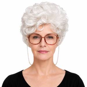 lot 10209 image: ColorGround Short Curly Silvery White Old Lady Wig with Glass and Eyeglasses Chain for Party