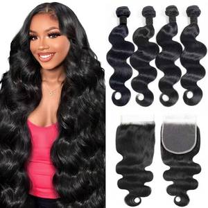 lot 10228 image: 12A Human Hair Bundles with Closure 18 20 22 2416 Inch Brazilian Body Wave 4 Bundles Human Hair with 5x5 HD Lace Closure Unprocessed Virgin Human Hair Natural Black