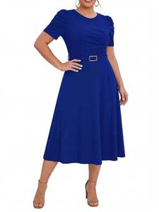 lot 10239 image: QIANZHIDU Womenfts V Neck Puff Short Sleeve Flared Cocktail Church Midi Dress with Belt Royal Blue Medium