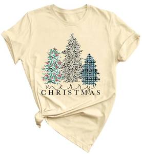 lot 10250 image: Merry Christmas Shirt for Women Plaid Christmas Tree Graphic Shirts Xmas Holiday Short Sleeve Tee Tops(Apricot, X-Large)