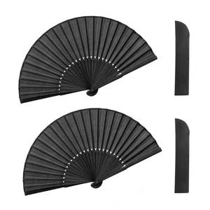lot 10255 image: Quacc 2 PCS Black Folding Hand Held Fans Light Strong Thin Fabric Chinese Handheld Tai Ji Fan for Men and Women, Wedding, Dance, Kungfu, Martial Art, Decorations, Party Favor, Gift