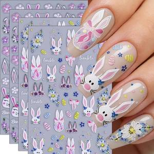 lot 10262 image: Easter Nail Stickers Flower Rabbit Eggs Nail Art Stickers 5D Embossed Flower Nail Decals 4PCS DIY Self-Adhesive Cute Daisy Design Sticker Nail Decoration for Women Manicure Accessories