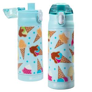 lot 10297 image: Bentology Stainless Steel 13 oz Reusable Water Bottle for Kids, Ice Cream - Double Wall Insulated, Spill Proof Lid wBuilt-in Straw- Keep Liquids Hot or Cold For Hours- Fits in Lunch Boxes and Bags