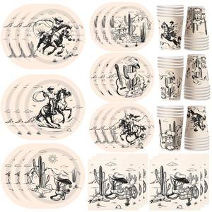 lot 10325 image: SYUCVQI 120Pcs Western Party Decorations Western Cowboy Paper Plates and Napkins Cups Rodeo Theme Disposable Tableware Set for Wild West Cowboy Cowgirl Birthday Baby Shower Party Supplies, 30 Guests