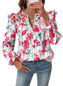 lot 10328 image: SHEWIN Blouses for Women Trendy V Neck Chiffon Blouse Long Sleeve Womens Tops Office Work Fall Blouses for Women 2025 Foral White Small