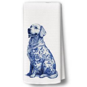 lot 10333 image: BCUANGD Blue Dog Kitchen Towels Decor - Chinoiserie Golden Retriever Xmas Holiday Hand Tea Towels, Retro Dog Mom Gifts for Women Christmas Dish Towel Dishcloths Decorations for Home Kitchen, 16inx24in