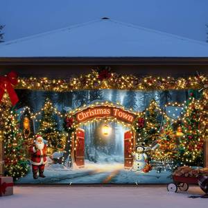 lot 10345 image: HunnmingRe Christmas Door Banner Decoration 13 x 6 Ft Magnetic Garage Door Covers Large Christmas Backdrop Decorations for Outdoor Indoor Xmas Party(Xmas Town)