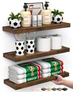 lot 11589 image: BAYKA Bathroom Floating Shelves for Wall Set of 3 - Rustic Brown Farmhouse Wood Shelves Over Toilet for Bedroom, Kitchen, or Living Room Decor Display, Storage for Plants, Toilet Paper or Bath Towels