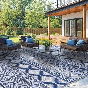 lot 11594 image: Waterproof Outdoor Rug 8x10 ft, Reversible Plastic Straw Patio Camping Rugs, Outdoor Indoor RV Mat Carpet for Patio, Outside Entry, Backyard, Deck, Bench, Picnic, Camper(8x10,BlueandWhite)