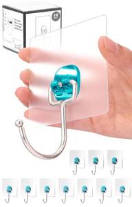 lot 12315 image: Antimbee 10-Pack Large Adhesive Hooks,Heavy Duty Adhesive Hooks 37 lb(Max),Sticky Wall Hooks fit Home,Bathroom,Kitchen,Office and Outdoor (Transparent Cyan)